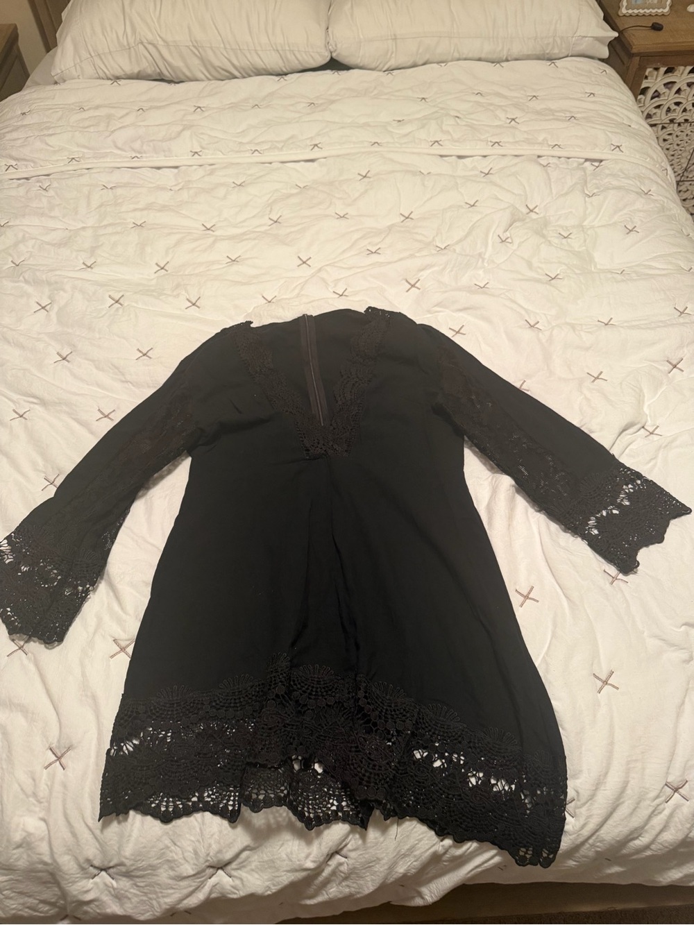 SHEIN Black Long-Sleeve Lace-Trim Tunic Dress